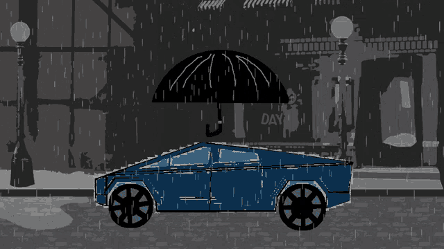 a drawing of a car with an umbrella in the rain