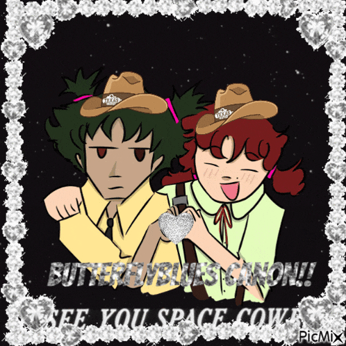 a cartoon of two girls wearing cowboy hats with the words " see you space cow "