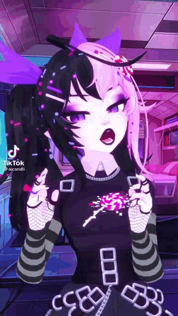 a tik tok video of a girl with purple hair and black clothes