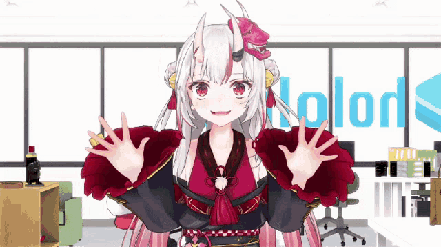 a girl with white hair and red eyes stands in front of a sign that says kolors