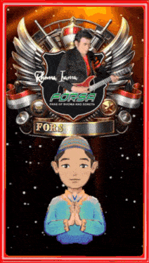 a cartoon of a man playing a guitar with the name fors on it