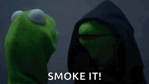 kermit the frog is standing next to a muppet wearing a hood and says `` smoke it '' .