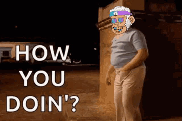 a man with a monkey on his head is standing in front of a sign that says how you doin '