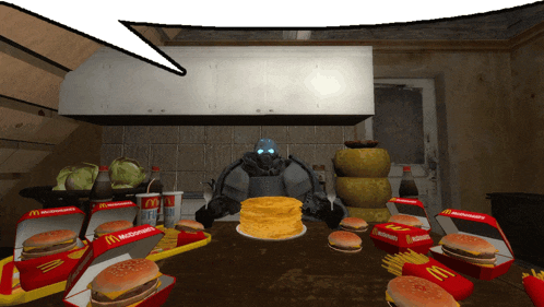 a robot sits at a table surrounded by mcdonald 's hamburgers