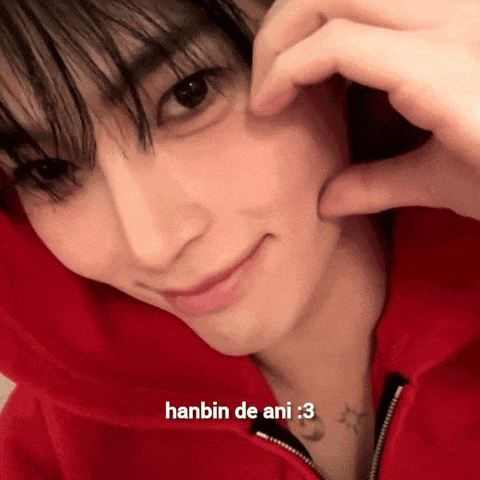 a close up of a person 's face with the words hanbin de ani written below it