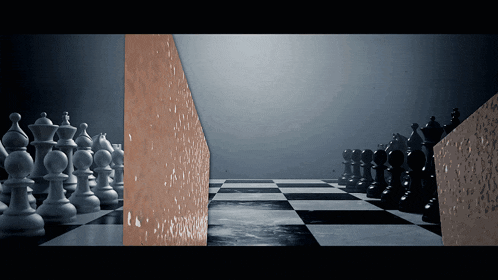 a chess board with pieces lined up in a row
