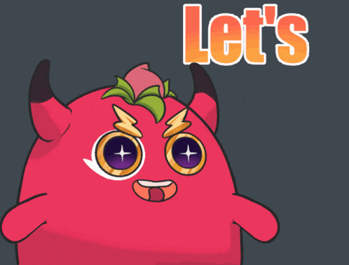 a cartoon of a devil with horns and a peach on his head says goooooo