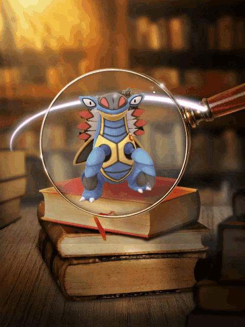 a magnifying glass shows a blue pokemon on top of a book