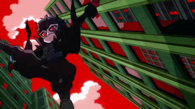a cartoon character is flying through the air between two buildings .