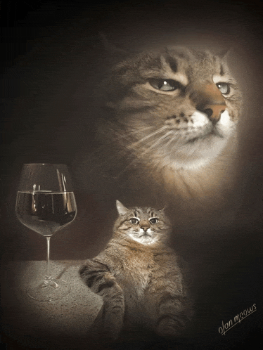 a cat sitting next to a glass of wine with the name glen meows on the bottom right