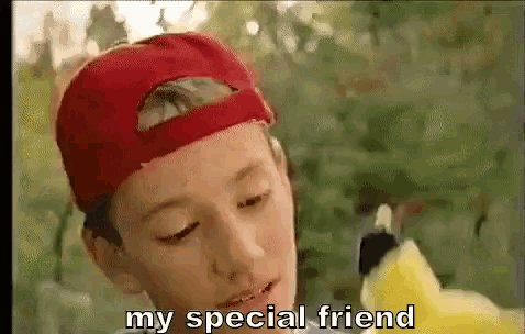 a young boy wearing a red hat is holding a yellow bird and says my special friend .