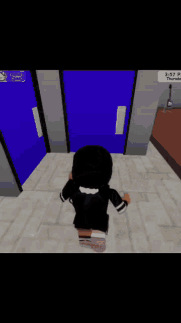 a girl is standing in front of a blue door in a video game ..