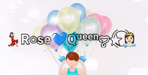 a girl holding balloons with the words happy birthday buddy rose queen above her