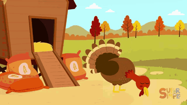 an illustration of a turkey standing in front of a chicken house