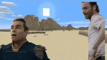 two men are standing next to each other in a minecraft world .