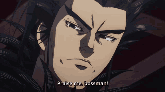 a close up of a man with the words praise me bossman below him