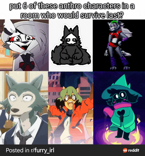 a collage of furry characters with the caption put 6 of these anthro characters in a room who would survive last