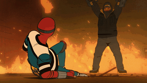 a cartoon drawing of a man standing in front of a fire and a man laying on the ground