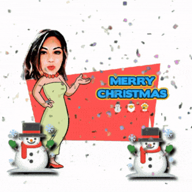 a cartoon of a woman standing next to two snowmen and a sign that says merry christmas