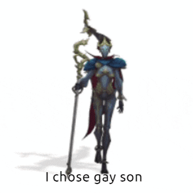 a cartoon character is holding a sword and a cane and says i chose gay son