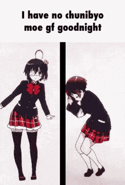 i have no chunibyo moe gf goodnight is written on a picture of a girl in a school uniform dancing .