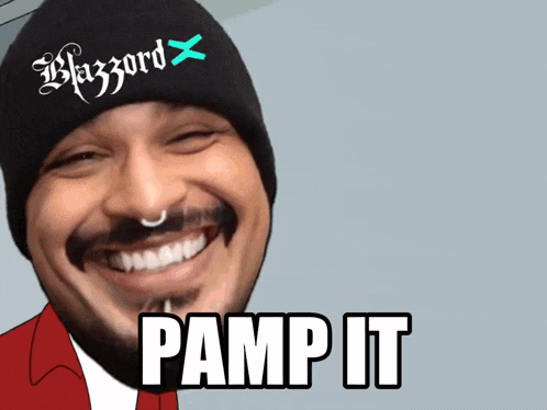 a man with a beard wearing a beanie that says blazord on it