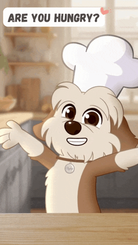a cartoon dog wearing a chef 's hat asks if you are hungry