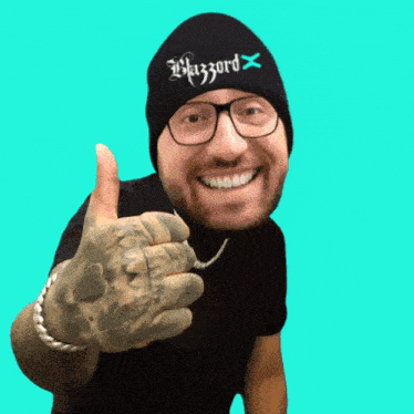 a man wearing a black beanie that says blizzard on it