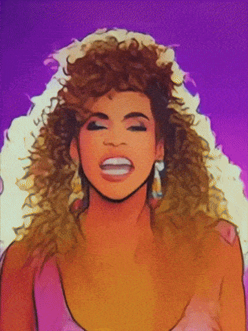 a cartoon drawing of a woman with curly hair against a purple background
