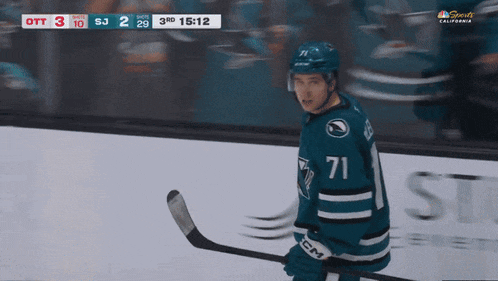 a hockey player with the number 71 on his shirt