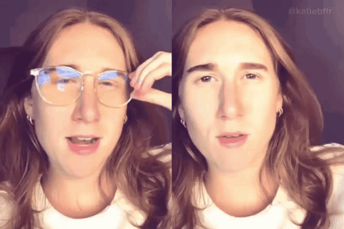 a woman wearing glasses and a white shirt with the hashtag katiebffr