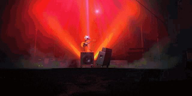 a cartoon character is playing a guitar in front of a red light