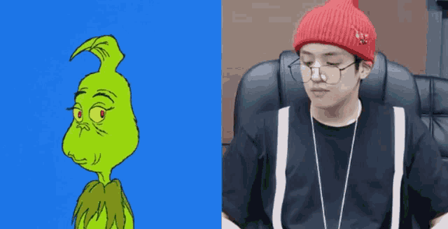 a cartoon of the grinch next to a picture of a man wearing glasses and a beanie