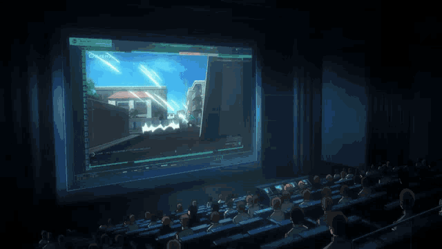 a group of people are sitting in front of a large screen that says ' disaster ' on it