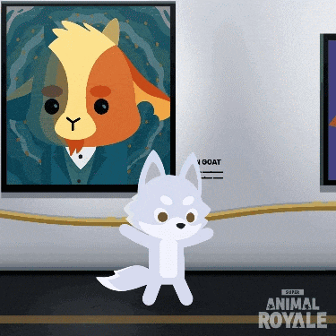 a cartoon fox is standing in front of a painting of a goat in a tuxedo