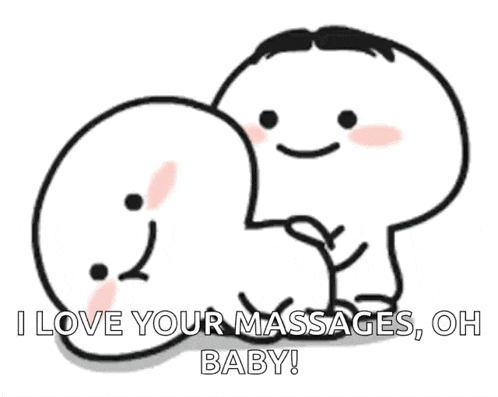 a couple of cartoon characters are hugging each other with the words `` i love your massages , oh baby '' .