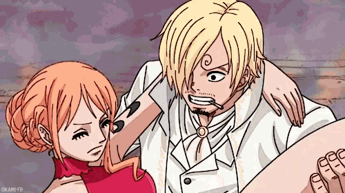 sanji and nami are standing next to each other in a cartoon .