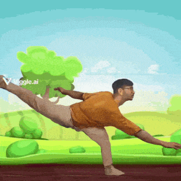 a cartoon drawing of a man doing a yoga pose with a viggle.ai watermark