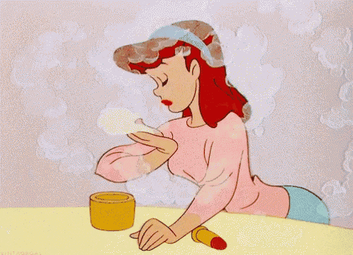 a cartoon of a woman applying powder to her face