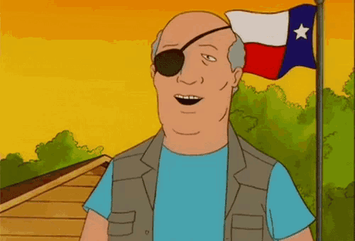 a cartoon man wearing a pirate eye patch stands in front of a texas flag