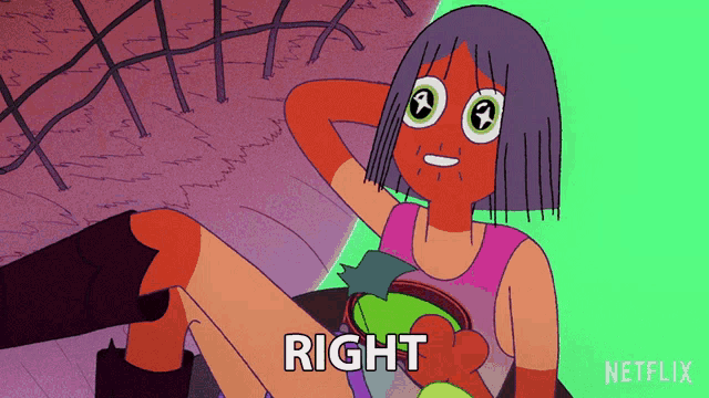 a cartoon of a girl with the words right written below her
