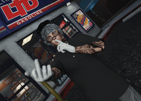 a man stands in front of a gasoline station
