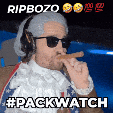 a man wearing a wig and sunglasses is smoking a cigar and says rip bozo 100 100 #packwatch on the bottom
