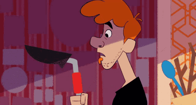 a cartoon man with red hair is holding a spatula in his hand