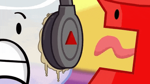 a cartoon character wearing headphones with a red triangle on the top