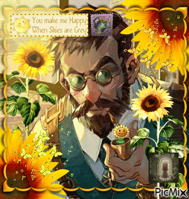 a picture of a man holding a potted plant with a sign that says you make me happy when skies are grey on it