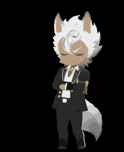 a cartoon character with a white furry tail is wearing a suit and tie