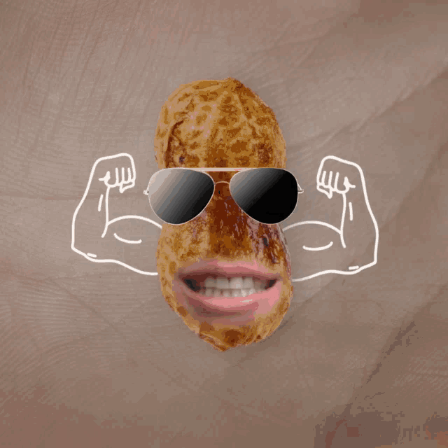 a peanut with sunglasses and muscles drawn on it