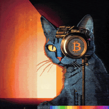 a blue cat is holding a magnifying glass with a bitcoin symbol on it