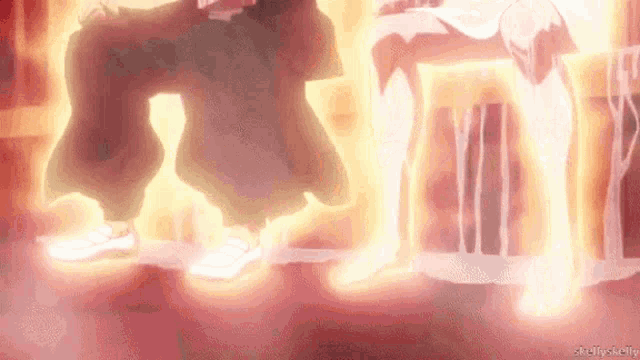 a couple of people standing next to each other in a room with flames coming out of their pants